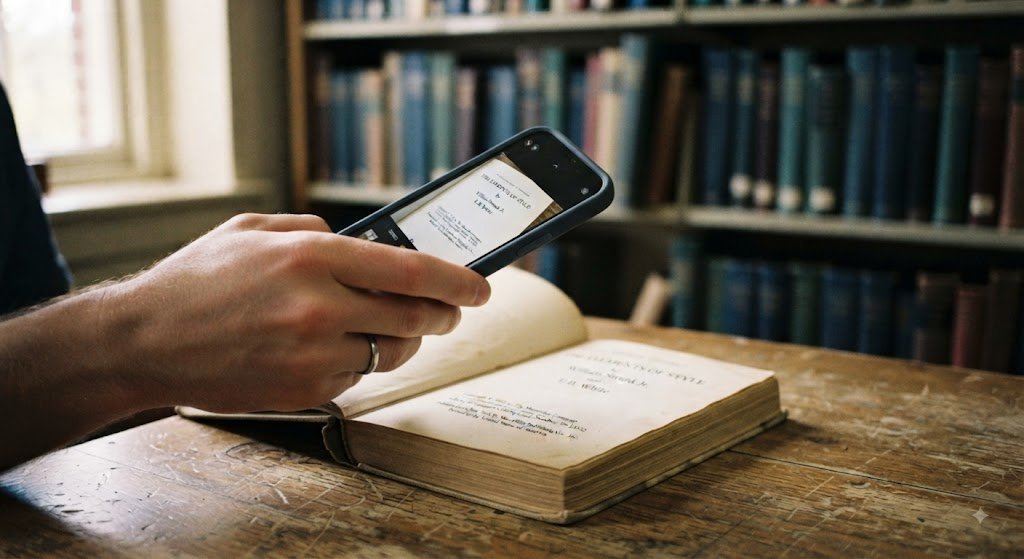 A hand holding a phone above an open book in a library, photographing the title page